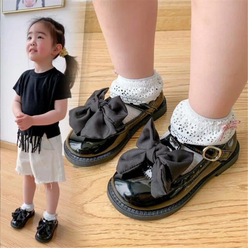 

Туфли для девочек из лакированной кожи с Т-образным ремешком, повседневная обувь для принцесс, Нескользящие, с большим бантом, на плоской по...