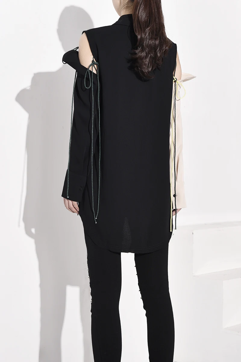 

[EAM] Women Contrast Color Bandage Hollow Out Blouse New Lapel Long Sleeve Loose Fit Shirt Fashion Spring Autumn 2021 JZ249