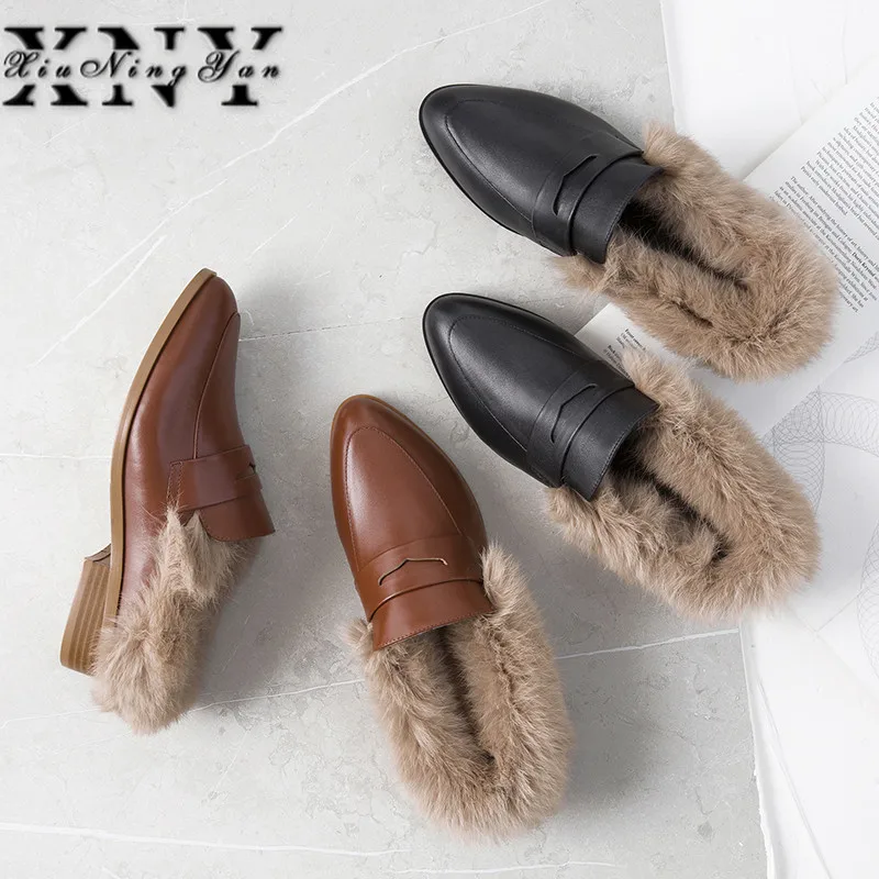 Зимние женские лоферы на плоской подошве с мехом Брендовая обувь кожаные меховые