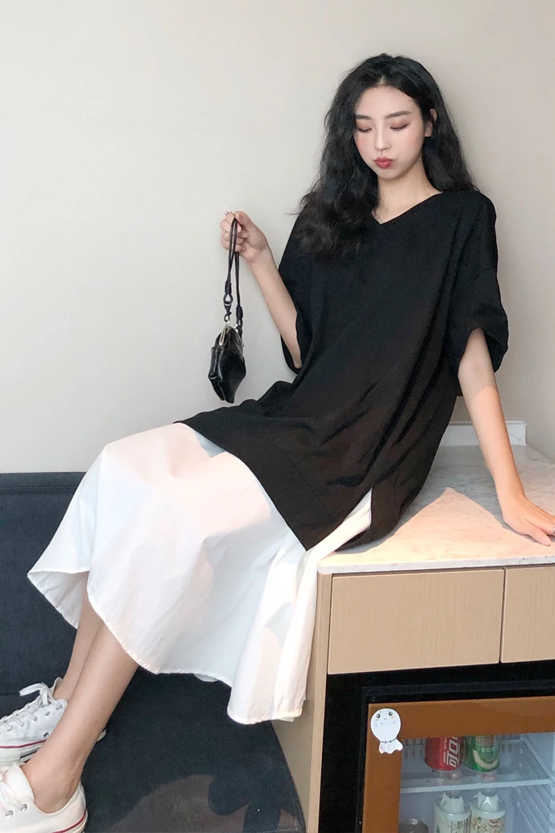 

COIGARSAM Casual Patchwork Women Long dress Brief Loose V-Neck Dresses 36365