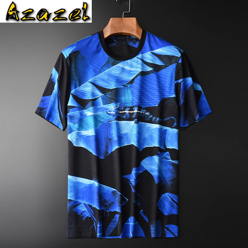 

Azazel 100% Cotton Mens T-shirts Luxury Allover Printed Blue Short Sleeve Men T-shirts Plus Size 4xl Slim Fit T-shirts Man