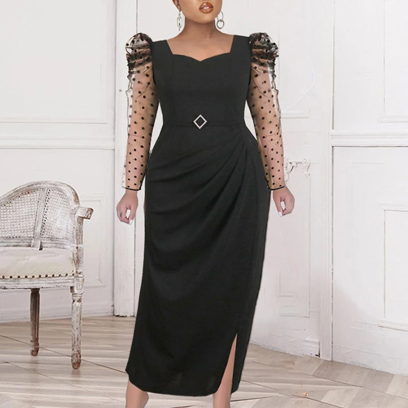 

Plus Size Women Black Dress Mesh Puff Sleeve Patchwork Curve Polka Dot Elegant Ladies Evening Night Party Festival Robe Longue