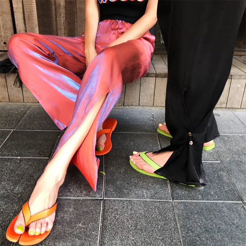 

2020 New Fashion Style Women Personality Elastic High Waist Slit Trouser Office Lady Solid Cotton Drawstring Wide Leg Pants T181