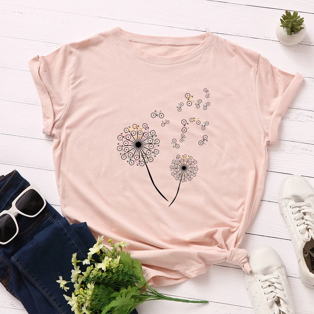 

Bicycle Dandelion Women Short Sleeve Cotton T-Shirts Graphic Tees Summer Tee Tops for Female Loose Casual Oversized Tee Clothes