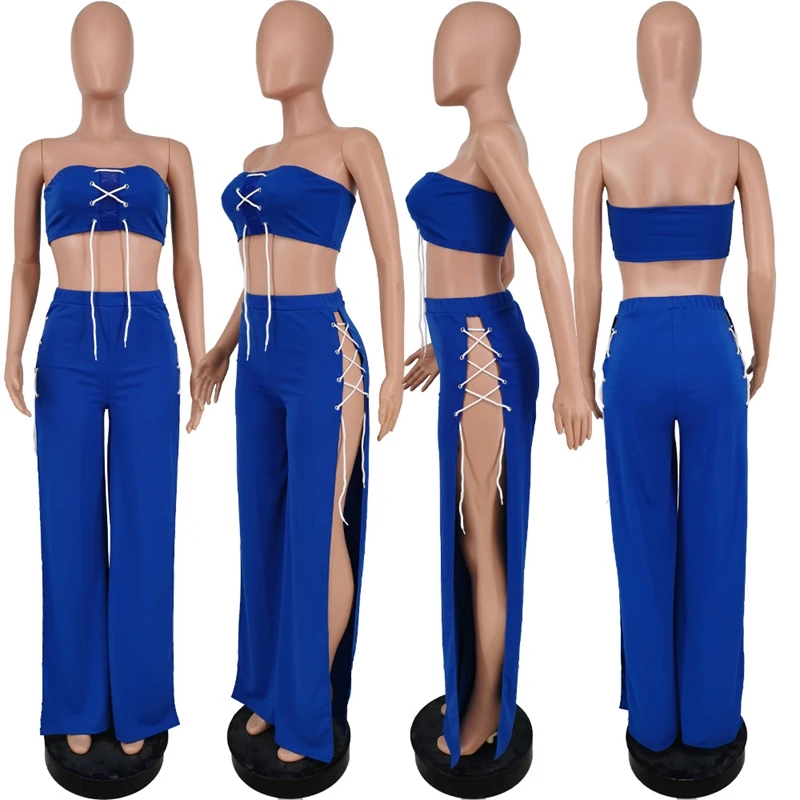 

Summer Clothing Two Piece Set Women Sexy Solid Wrapped Chest High Slit Crop Top+Pants Matching Sets Lounge Streetwear Wholesale
