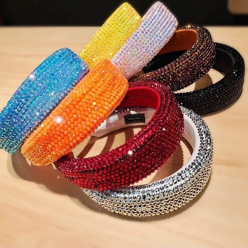 

2021 New Women's Hairband Fashion Full Diamond Headwear Solid Color Wide Brim Headband