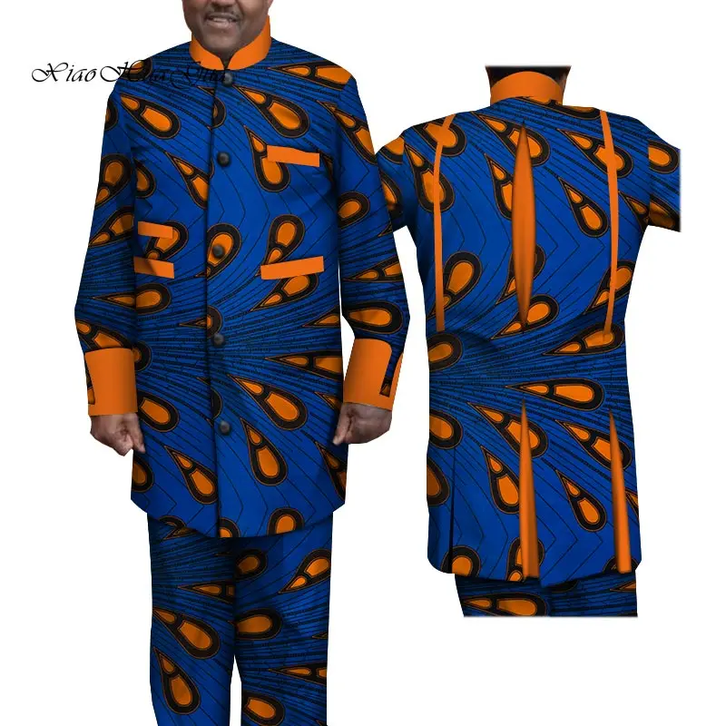 Дашики Мужская африканская одежда однобортный Топ рубашки и брюки наборы Bazin