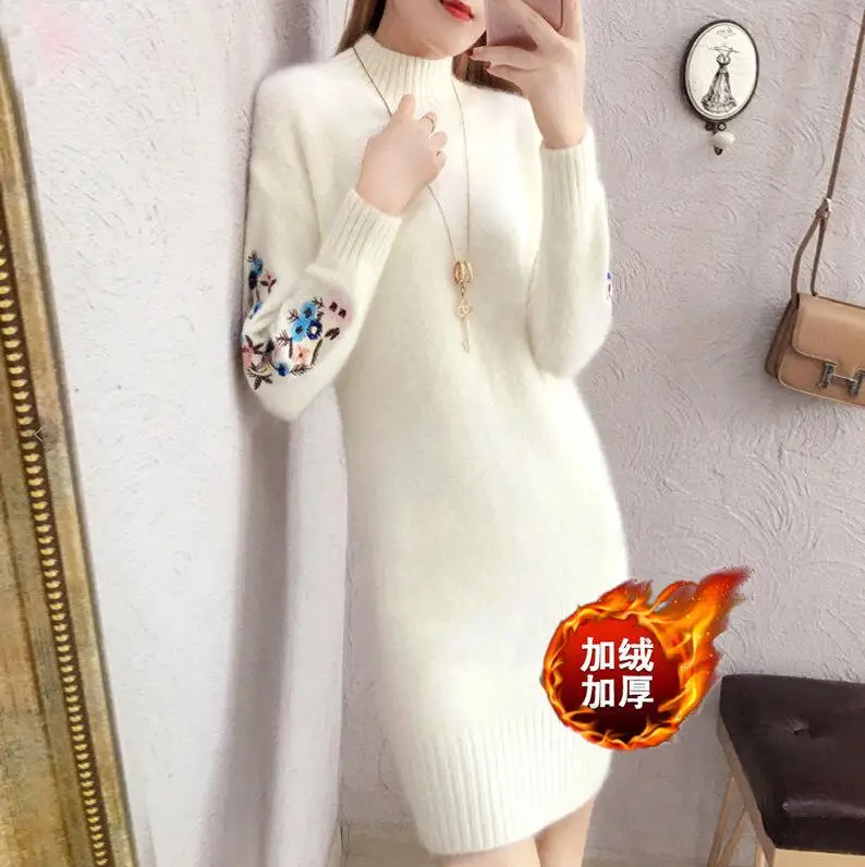 white Plus velvet TYJTJY Faldas Mujer Moda осенние и зимние модные платья скидки платье имитация свитера платье с длинным рукавом теплое платье - Цвет: white Plus velvet