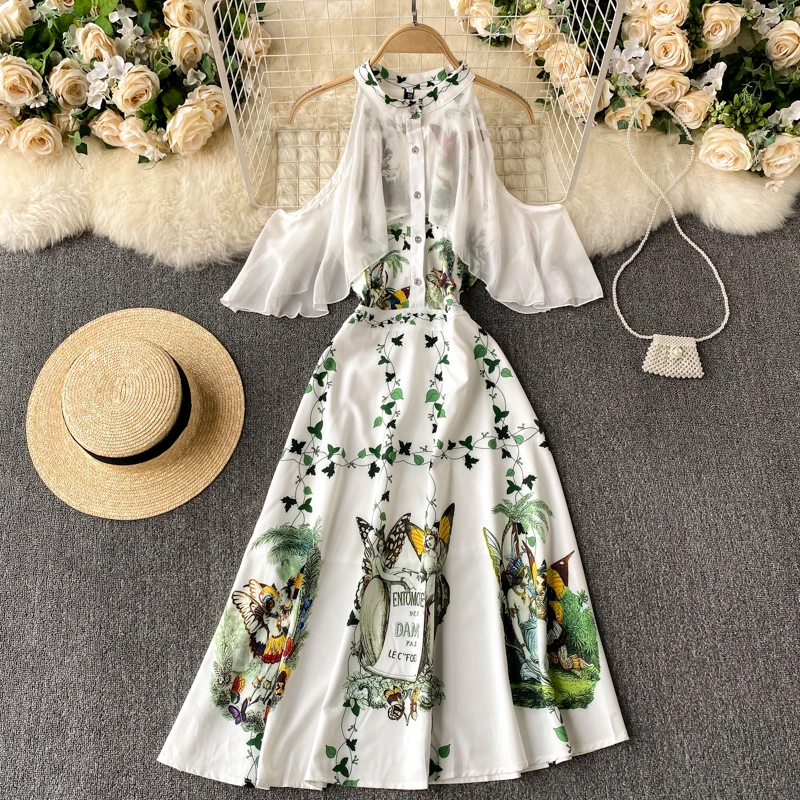 

2021 Temperament Fashion New Spring Vestidos Women's Hollow Strapless Ruffled Halter Neck Midi Dress C394