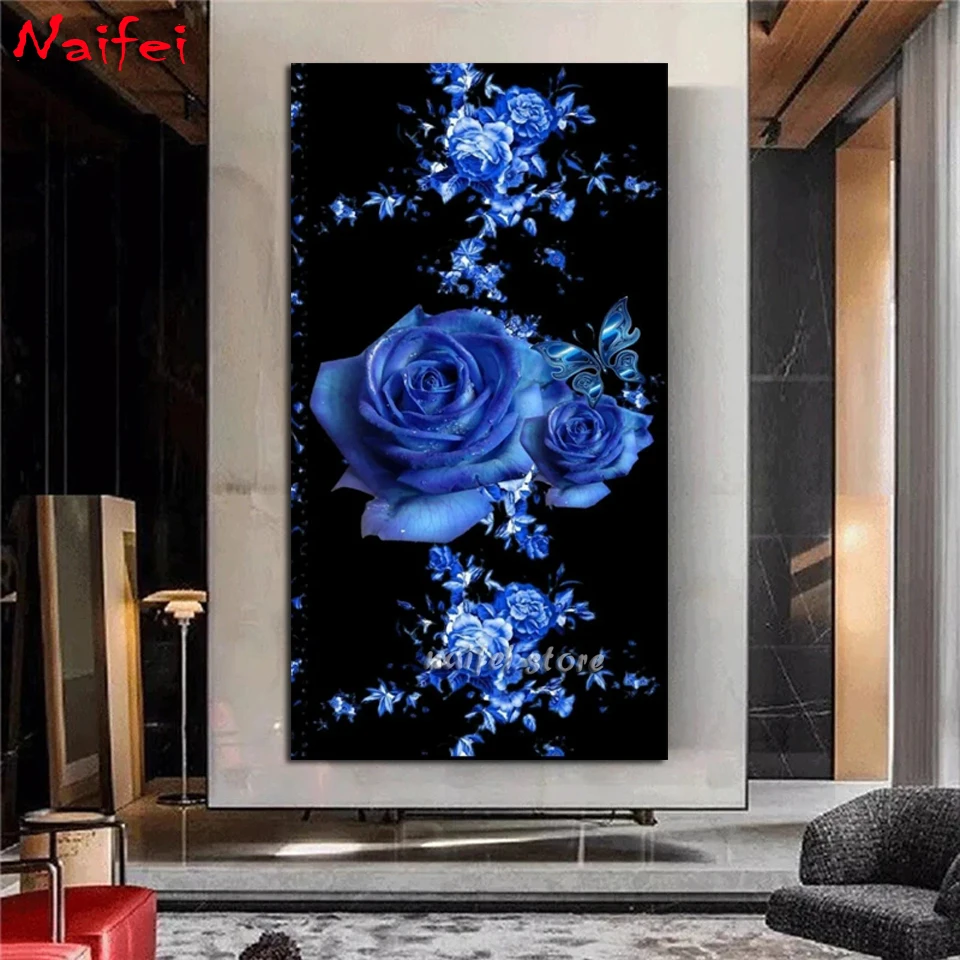 

Large Size 5D DIY Diamond Painting Full Square Round Blue Rose Flower Diamonds Embroidery Kits Rose Decorations Home Decor Gift