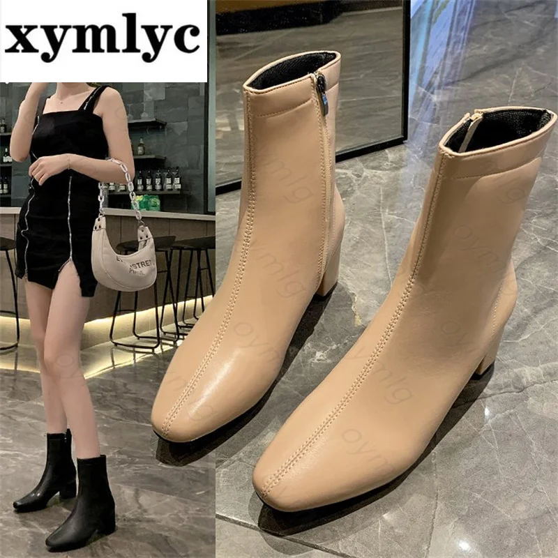 

Осень-зима 2021, ботинки мартинсы с квадратным носком для увеличения роста, черные модные простые темпераментные женские ботинки, тонкие коро...