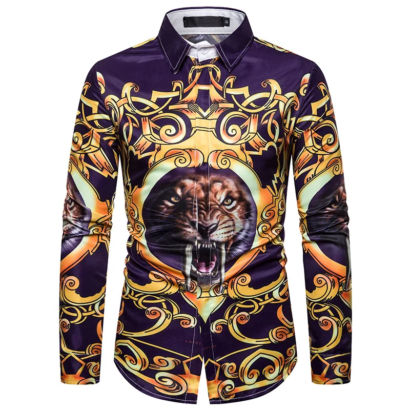Luxury Royal Mens Shirts Casual Slim Fit Cross Gemstone Printed Long Sleeve Slim Fit Chemise Homme Men Prom Party Tuxedo Shirt
