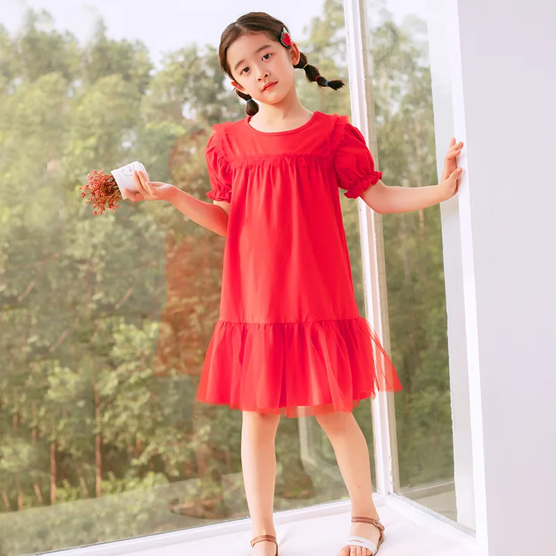 Summer Girls Princess Dress Kids Mesh Patchwork Dresses Children Cute Red Party Frocks Big Girl Vestidos 4 6 8 10 12 | Детская одежда и
