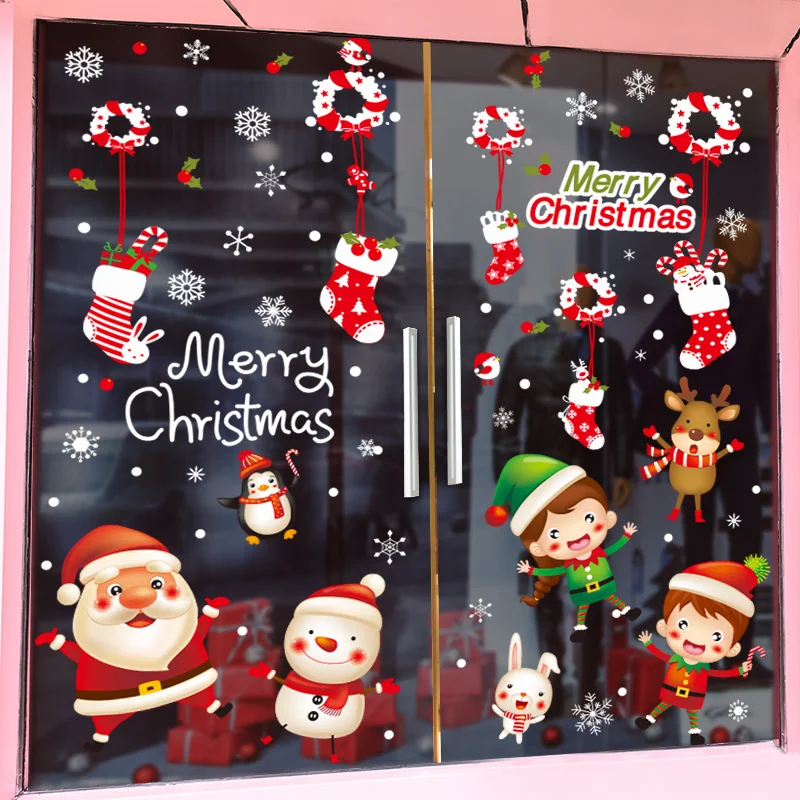 

[shijuekongjian] Christmas Glass Stickers DIY Socks Santa Claus Wall Decals for Living Room Shop Home Window New Year Decoration