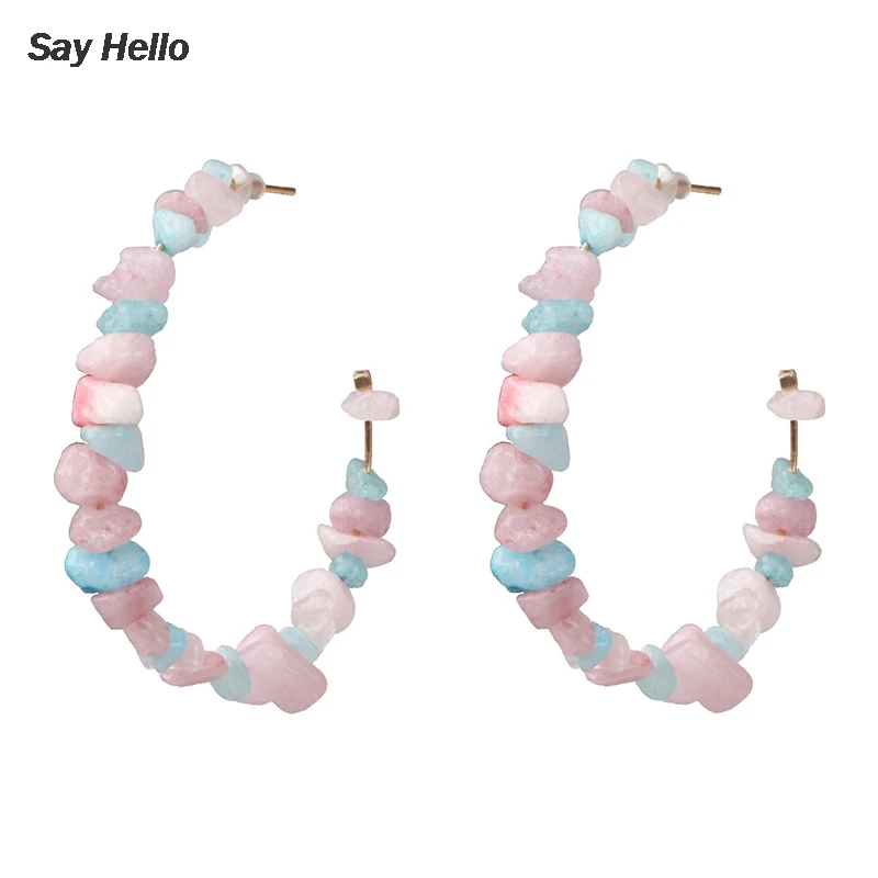 SAY HELLO Women's Bohemian Geometric Stone Beaded Hoop Earrings Female Oversize Circle Pink Brinco F0238 | Украшения и