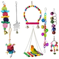 8 pieces of bird parrot toy hanging bell pet bird cage hammock swing toy wooden bass chew toy set
