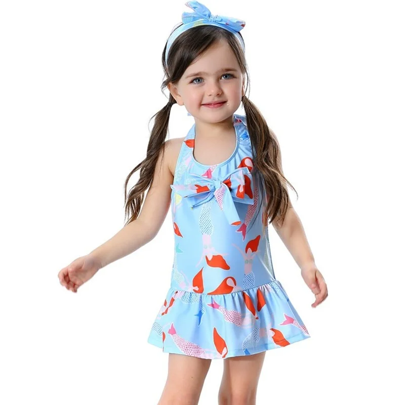 

2021 Summer SWEET Toddler Baby Girls Swimwear One-piece Swimsuit Girl Red Blue Dot & Headband Wasbare Zwemluiers
