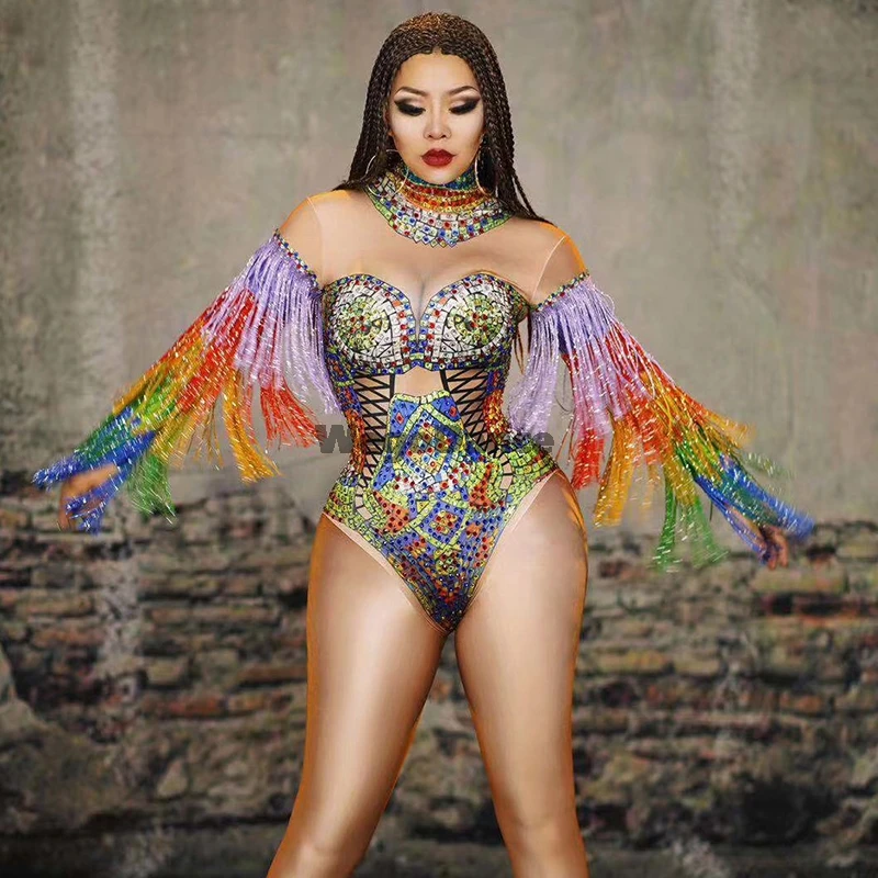 Новые женские Красочные Стразы купальник с кисточками костюм для выпускного