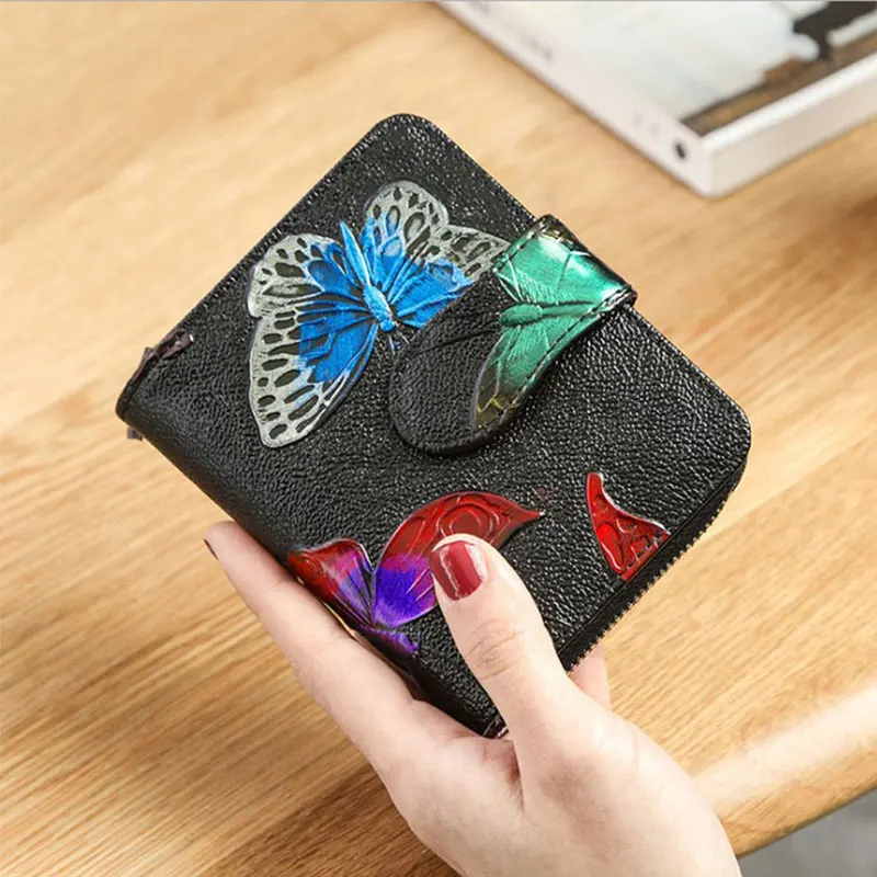 Colorful butterfly Двухслойный женский кошелек из натуральной кожи с животным принтом, мини-кошелек для клатча, винтажный женский кошелек на молнии с карманом для монет, кожаный держатель для ID карты - Цвет: Colorful butterfly