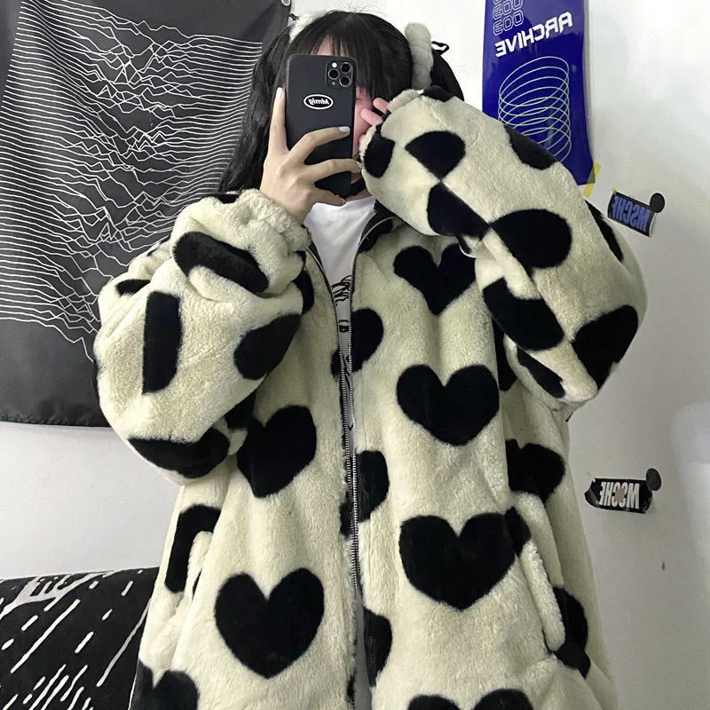 

Autumn Winter Thick Jacket Female Casual Fashion Lamb Fluffy Comfortable Sweet Korean Loose Heart Pattern Warm Faux Fur Coat
