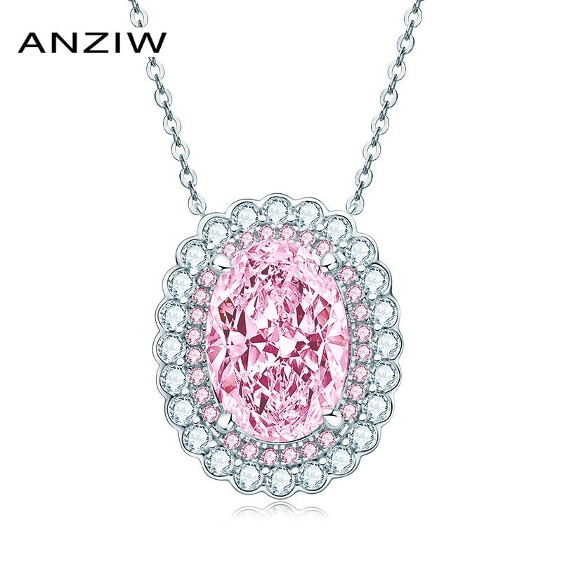 

Anziw 925 Sterling Silver Double Halo Shiny Perfect Oval Cut Created Pink Gemstone Pendant Necklace for Women Jewelry Gift