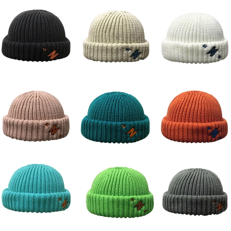 

Unisex Winter Knitted Beanie Hat Neon Candy Color Letter Embroidery Cuffed Brimless Hip Hop Landlord Docker Skull Cap
