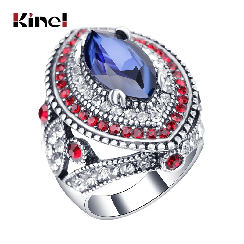 

2020 New Fashion Blue Big Rings For Women Silver Color Mosaic Red Crystal Vintage Wedding Ring Jewelry