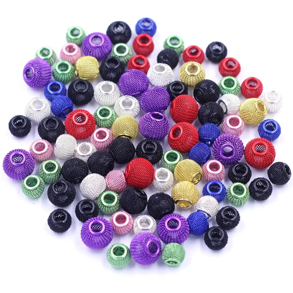 

10Pcs Spacer Beads Mesh Net Big Hole Round Ball Alloy For European Charm Bracelets Jewerlry DIY Supplies