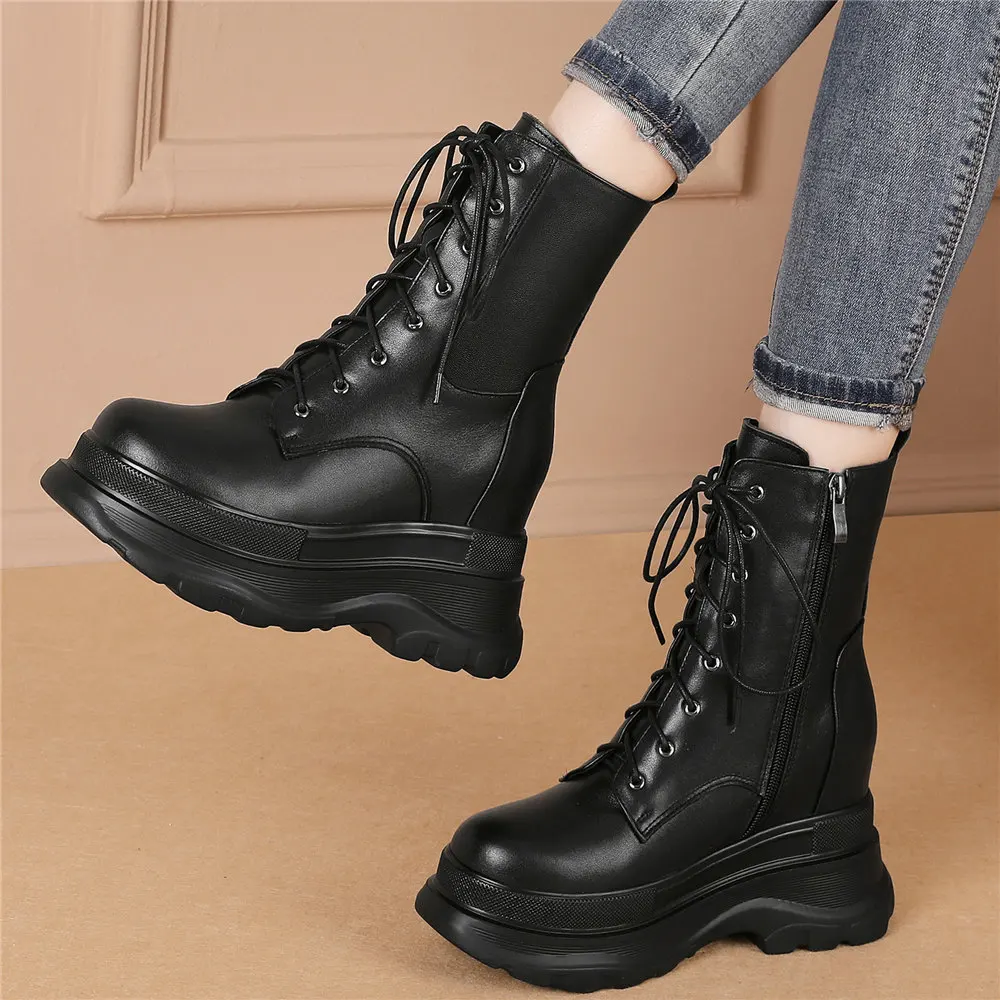 2021 Lace Up Creepers Women Genuine Leather Wedges High Heel Ankle Boots Female High Top Round Toe Fashion Sneakers Casual Shoes