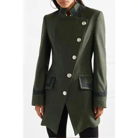 Женское шерстяное пальто армейского зеленого цвета, приталенное Асимметричное пальто в стиле милитари с воротником-стойкой, верхняя одежда для осени и зимы, r1724, 2019