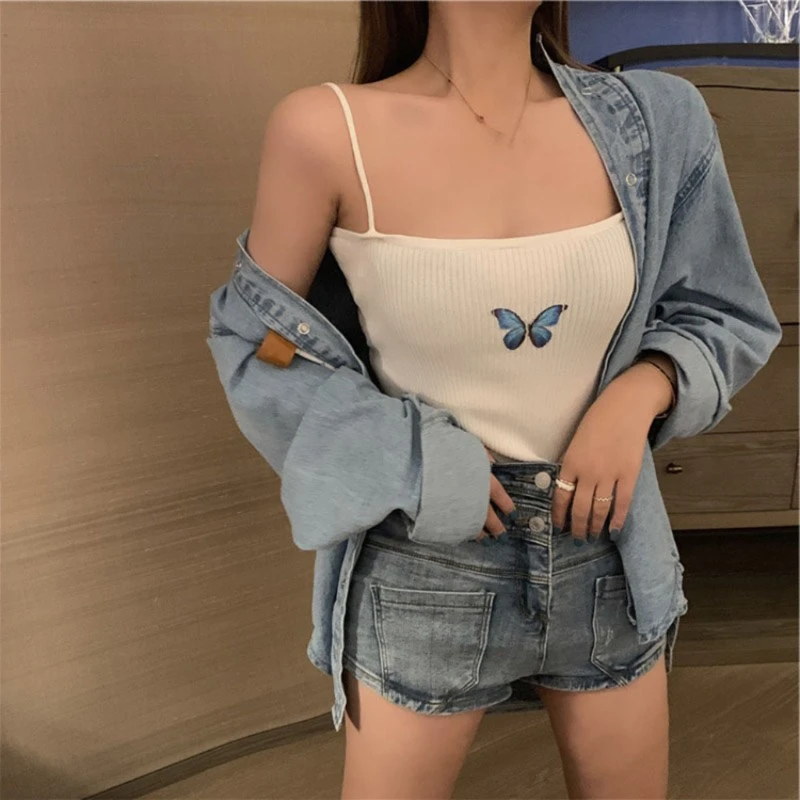 

Women Spaghetti Strap Crop Tank Top Sweet Butterfly Printed Ribbed Knit Camisole Basic Summer Solid Color Skinny Vest