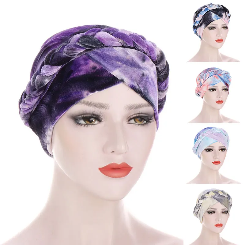 

1PC Fashion Tie-Dye Printing Turban Hat Velvet Muslim Chemo Head Wrap Twist Braid Hijab Caps Inner Bonnet Folds Night Cap