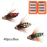 40pcs red fly fishing hook fly tying fishing lure kit dry flies hooks feather wing artificial bait lures