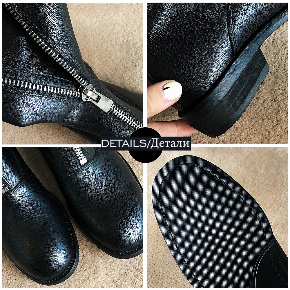 

ISNOM Fashion Women Boots Genuine Leather Shoes Woman Front Zipper Chunky Heel Ankle Boots Female Low Heel Booties Winter Autumn