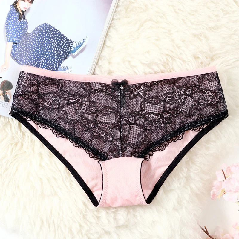 

Comfortable sexy ladies bowknot stitching lace low waist comfortable breathable briefs solid color soft underwear briefs A19266