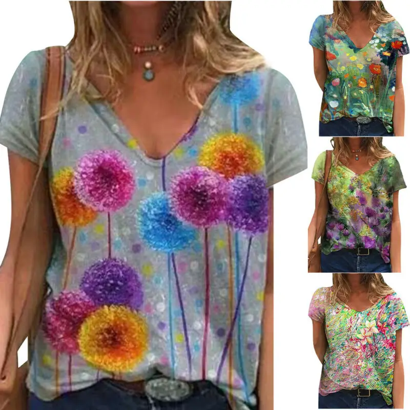 

Women's Vintage Floral Short Sleeve T-Shirt Tops V Neck Loose Casual Blouse Tee