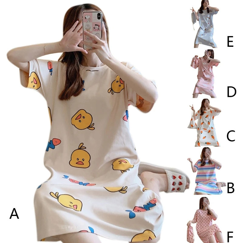 

Women Summer Plus Size Short Sleeve Pajamas Dress Cartoon Duck Rainbow Carrot Print Nightgown Midi Long Loose Sleepwear
