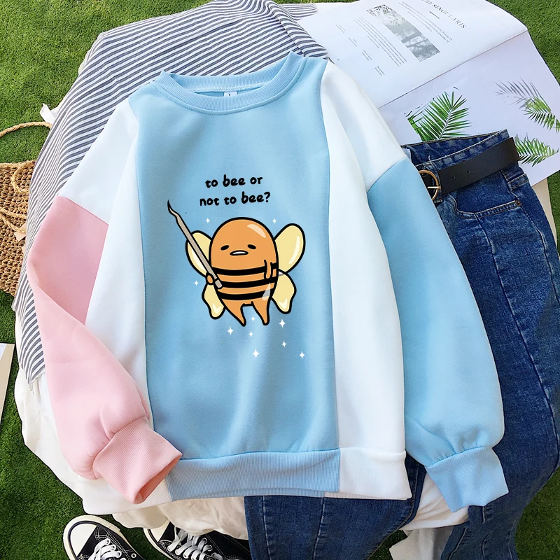 Gudetama To Bee или Not To Bee толстовки женские флисовые цветные свитшоты в стиле пэчворк Повседневная Уличная одежда с круглым вырезом Kawaii топы с героями мультфильмов