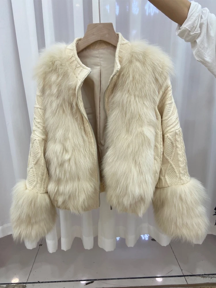Women Real Fox Fur Knitting OverSize Loose Spring Fox Fur Lady's Fashion Sweater Zipper Stand Collar Jacket Coat