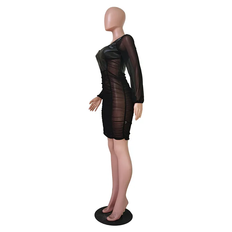 

Casual Square Collar Backless See Through Ruched Sexy Mini Dress Long Sleeve Women Mesh Dresses Leather Bodycon Dress