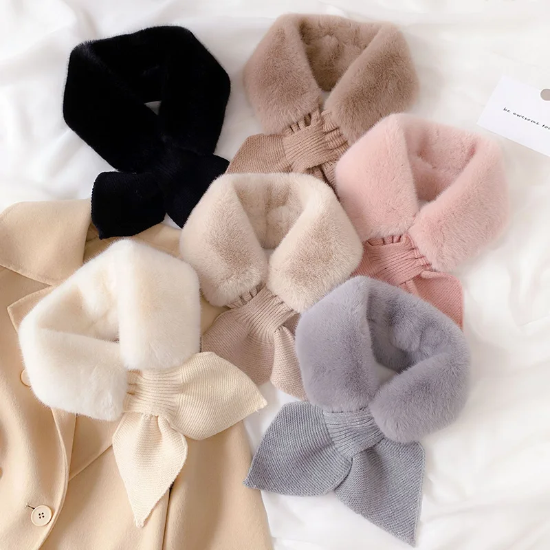 

Fashion Women Faux Fur Collar Women Autumn Winter Warm Knitting Soft Plush Scarves Solid Color Neck Wrap Clothing Accessories