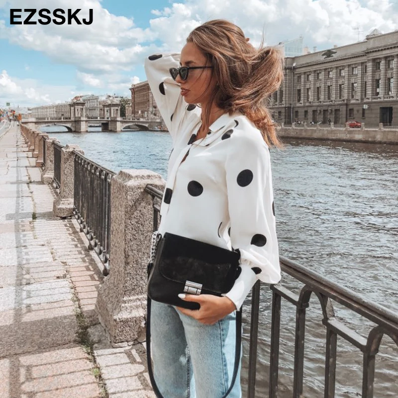 Блузка женская шифоновая в горошек с длинным рукавом свободного покроя|Блузки| |