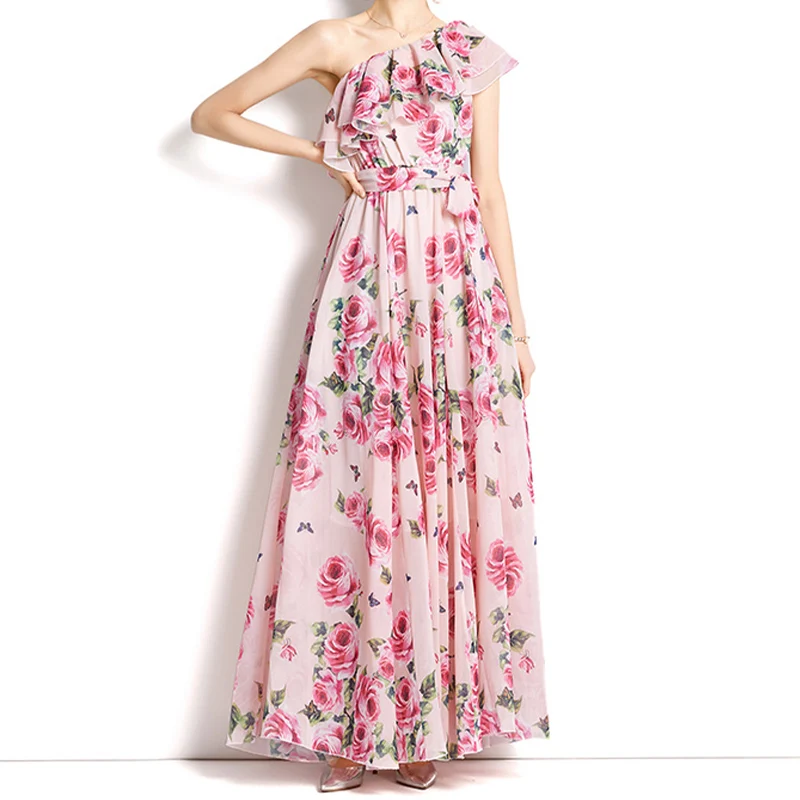 

Женское шифоновое платье на одно плечо, элегантное платье с оборками и принтом, модная женская одежда, весна-лето 2022