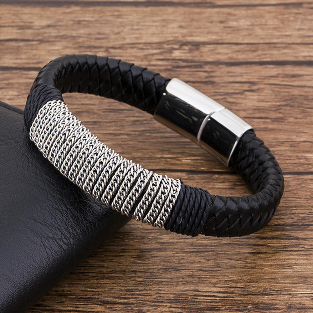 Модный очаровательный браслет из нержавеющей стали с оплеткой на магнитах