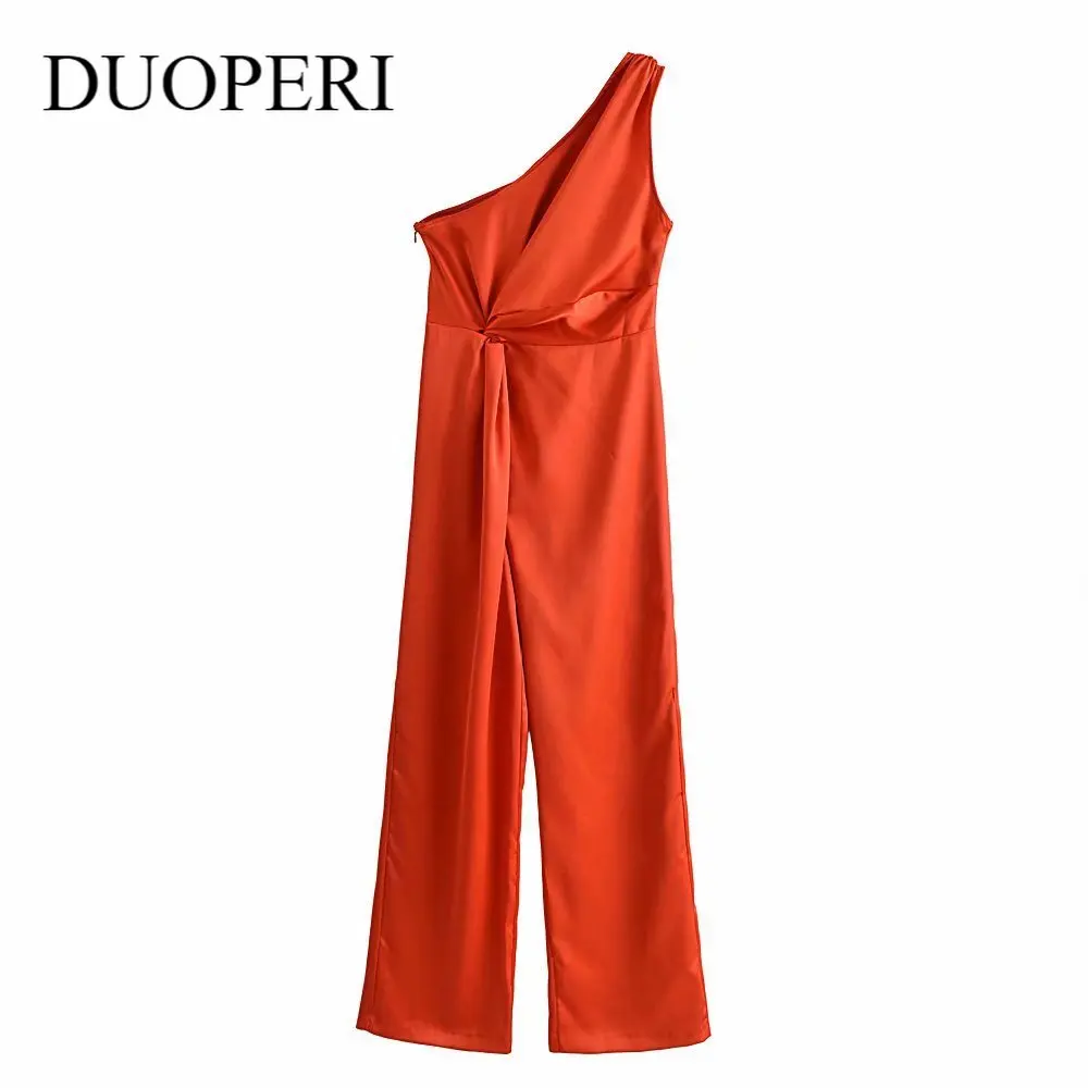 

DUOPERI 2021 Fashion Satin Asymmetric Jumpsuit Women One Shoulder Chic Lady Romper one piece outfit Loose playsuit Female Summer