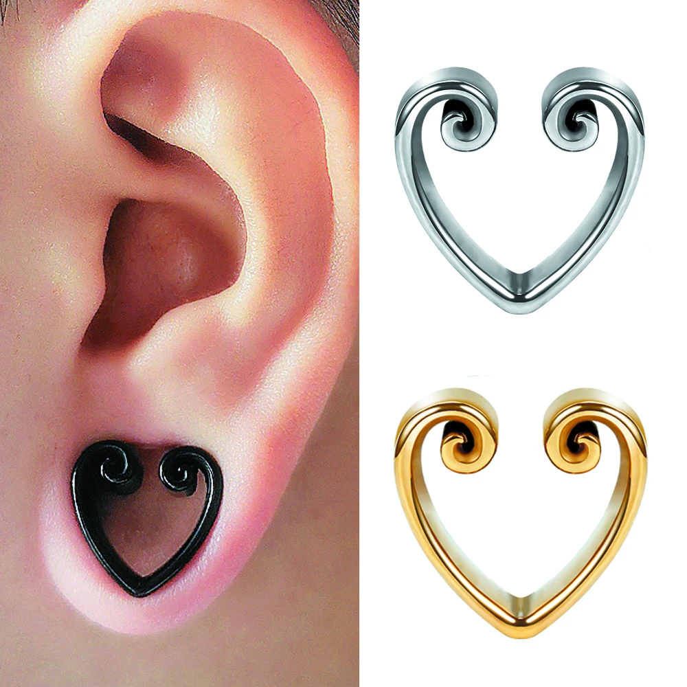 

KUBOOZ New Heart-Shape Notch Ear Piercing Plugs Cool Body Jewelry Ear Statement Stainless steel Earrings Expander Gift 2PCS