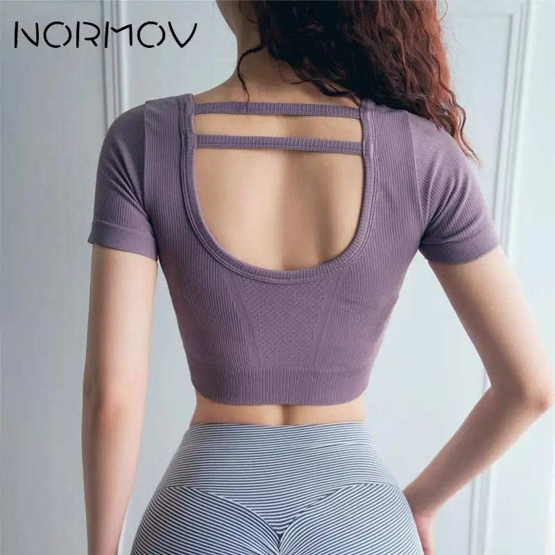 NORMOV женские рубашки для йоги с открытой спиной коротким рукавом нейлоновый жилет