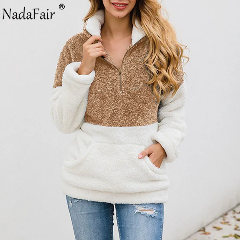 Nadafair, искусственный мех, повседневные, более размера d, толстовки, Женская толстовка, осень, пэчворк, карманы, молния, размера плюс, флис, Зимний пуловер