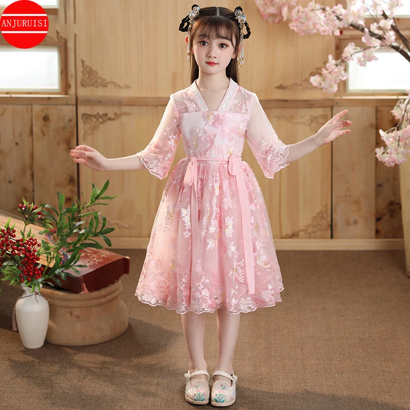 

Pink Lace Flower Girl Dresses Half Sleeves Vestido Infantil Menina Comunion Niña Festa Chinese Robe Princesse Enfant Fil.