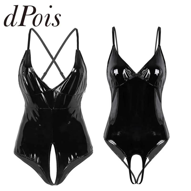 Женское нижнее белье из лакированной кожи пикантное Боди без косточек с глубоким